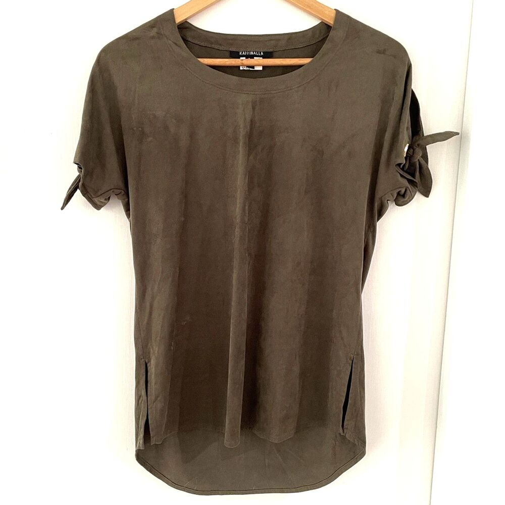 Raffinalla Womens Short Sleeve Micro Suede Top Gray Sz 2 Tie Grommet Round Neck